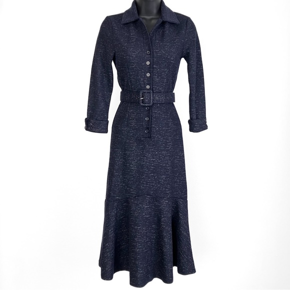 Unique Vintage Dresses & Skirts - Unique Vintage Navy Blue Tweed Hildy Peplum Hem Collared Button Up Dress Sz 2